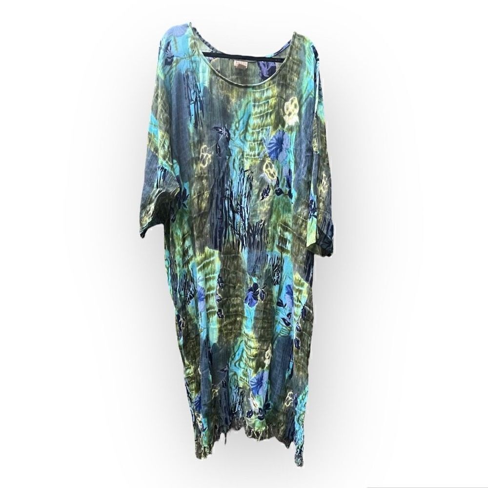 NEFERTITI COLLECTION BLUE GREEN TIE DYE FRINGED KAFTAN LOOSE FLOWY SEMI SHEER MA